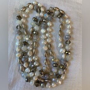Genuine‎ Pearls Crystals Beaded Silver Tone 39” Long Necklace